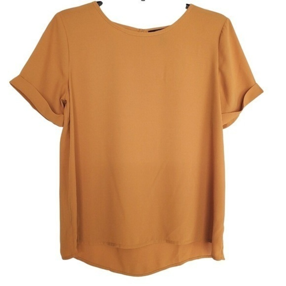 Forever 21 Blouse Mustard Yellow Short Sleeve Cuffed Keyhole Back Casual Top M